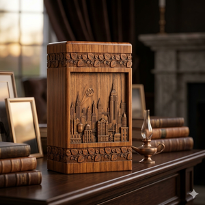 Handcrafted Wooden Urn Carved Cityscape Design Natural Wood Finish Commemoration <b>Keepsake</b> <b>Box</b> Adult Funeral Supply - Product Image 3