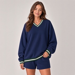 Sweat-shirt unisexe col en V en coton 100% style vintage décontracté coupe ample avec bande latérale – Vente en gros - Product Image 1