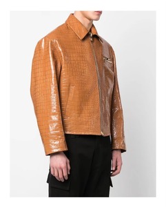 Blouson moto en cuir marron gaufré crocodile pour homme, col rabattu, fermeture éclair, manches classiques, style motard automne, couleur unie - Product Image 4