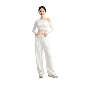 Pantalon large en tricot uni pour femme, taille haute, cordon élastique, coupe ample, décontracté, printemps, longueur entière, jaune - Product Image 3