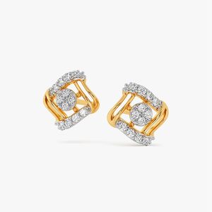 Boucles d'oreilles clous géométriques carrées en or jaune avec halo de diamants de laboratoire - Product Image 2
