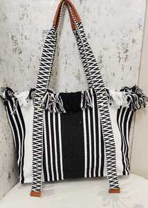 Black White Striped Canvas Tote Bag Fringe Shoulder Handbag Large Capacity for <b>Beach</b> Travel Shopping - Product Image 3