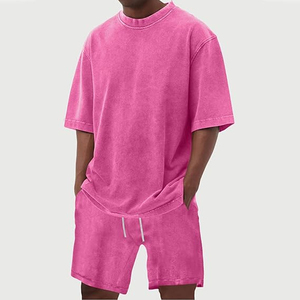 Men Wholesale Summer T Shirt Shorts Acid Wash <b>Set</b> 2 Piece Outfit Cotton Casual Loose Fit Matching <b>Set</b> - Product Image 3