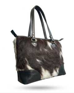 Women Real <b>Fur</b> Animal Print Tote <b>Bag</b> <b>Black</b> Trim Casual Shoulder Handbag Daily Use Stylish Design - Product Image 3