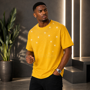 Cosh International <b>Men</b> <b>Yellow</b> Oversized T-<b>Shirt</b> With Rhinestone Dot Pattern O-Neck Short Sleeve Street Style Jersey Cotton - Product Image 3