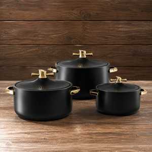 Luxury Black Casserole <b>Set</b> with Golden Handles Non Stick Cookware <b>Set</b> 3 with Lid Modern Kitchen <b>Serving</b> Pots - Product Image 1