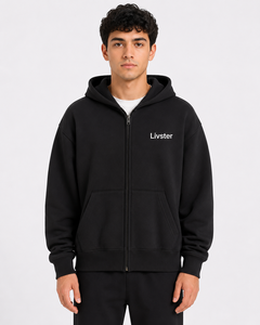 Sudadera con Capucha Livster para Hombre, Negra, con Cierre Completo, de Algodón y Felpa, Corte Regular, para Otoño - Product Image 1
