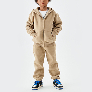 Ensemble de survêtement à capuche beige pour garçons, manches longues, décontracté, en coton, pour l'automne, avec poches latérales, taille élastique, fermeture éclair, 2027 - Product Image 1