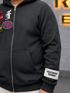 Sweat à capuche zippé noir oversize pour homme, brodé, patchwork, streetwear, strass, coupe classique, style automne - Product Image 5