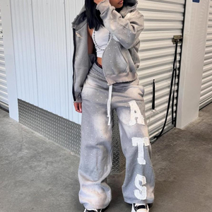 Hot Selling 100% Cotton Acid Wash Fade Tracksuit Distressed Embroidered Patch Logo Heavyweight Autumn Set Applique Street Wear - Product Image 2