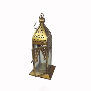 Gold Antique Finish Metal Moroccan Tall Rectangular <b>Candle</b> Lantern Perforated Roof <b>Arch</b> Cutout Frame Glass Panes Top Hook Finial - Product Image 1