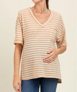 New Design V Neck Stripes Fashion Oversized Drop Shoulder Maternity T-Shirt Breathable 100% Cotton Made Pregnancy Tees Wears - Product Image 4