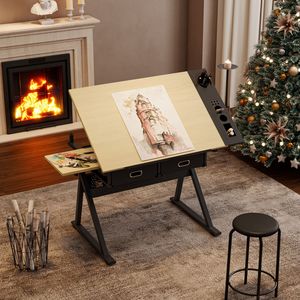 Tavolo da Disegno e Progettazione Regolabile in Acero con 2 Cassetti per Casa, Ufficio e Scuola, Include Sgabello - Product Image 4
