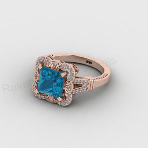 Magnifique bague de mariage pour femme en argent 925 rhodié, avec topaze bleue de Londres de 8 mm, quartz et halo de zircon cubique taille princesse, sertie à griffes, design de créateur - Product Image 4