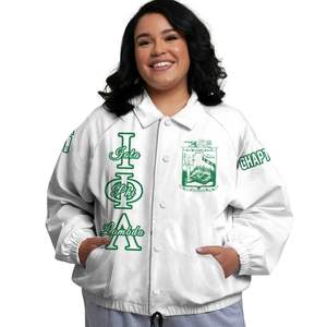 Chaqueta Universitaria Personalizada Iota Phi Lambda para Mujer, Blanca con Letras Griegas Verde Esmeralda, Escudo, Número y Año, Estilo Bomber - Product Image 1