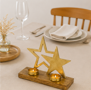 Modern Luxury Gold Aluminum Star Candle Holder Set On Rustic Wooden Base Premium <b>Christmas</b> Holiday Table Decor & Tealight Stand - Product Image 2