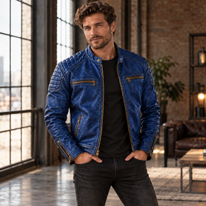 Chaqueta de Cuero Genuino Azul para Hombre, Estilo Café Racer, para Invierno, con Hombros Acolchados Texturizados, Cremalleras de Latón, Puños con Cremallera, Cuello Alto, Seda - Product Image 3