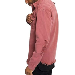 <b>Men's</b> Pink Denim Shirt <b>Jacket</b> with Frayed Edges Stand Collar Solid Windproof Casual Style Washed Cotton <b>Long</b> Sleeve Winter Wear - Product Image 6