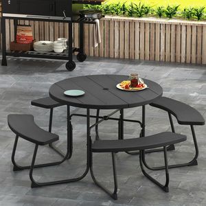 Set da Picnic per 8 Persone con Tavolo e Panchine, Foro per Ombrellone, Pieghevole e Portatile, in Ferro, Design Moderno e Rustico - Product Image 1
