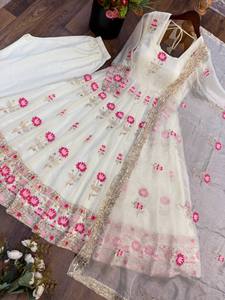 White Floral Embroidered Silk Anarkali Suit With Dupatta Floor-Length Traditional Wedding Gown For Women India Pakistan Style - Product Image 6