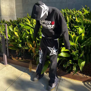 ชุดเซ็ตแบบกำหนดเอง ลายพิมพ์แบบย้อมสีเอซิดวอช ดีไซน์ขาดๆ แบบรีดร้อน สำหรับฤดูหนาว/ฤดูใบไม้ผลิ ผ้าฝ้ายฟลีซ 100% เสื้อฮู้ดและกางเกงขายาวมีฮู้ด - Product Image 2