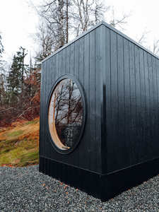 Cabina de Sauna Exterior en Forma de Cubo con Exterior Negro, Ventana Redonda Grande y <span class=keywords><strong>Chimenea</strong></span>, <span class=keywords><strong>Cabaña</strong></span> de Sauna para Jardín - Product Image 5