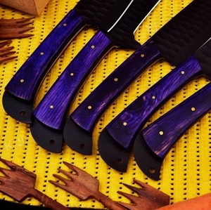 Ensemble de couteaux de cuisine en acier carbone faits à la main, 5 pièces, bois écologique, comprend un couteau de chef, un couteau à découper, un couteau à steak, un couteau utilitaire, étui en cuir - Product Image 3