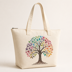 Sac fourre-tout ethnique personnalisé en coton ou toile à motif arbre avec fermeture éclair et bandoulière pour la plage, les voyages et la promotion - Product Image 6
