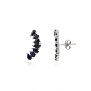 925 Sterling Silver Crescent Moon Shape Climber <b>Studs</b> <b>Earrings</b> with Natural <b>Blue</b> Sapphire Gemstone September Birthstone Jewelry - Product Image 3