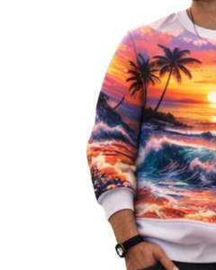 Sudadera Personalizada con Estampado 3D de Playa al Atardecer en Blanco y Naranja, Sudadera Casual con Cuello Redondo para Hombre, Top Sublimado Personalizado de Estilo Urbano - Product Image 3