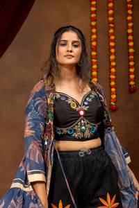 Ethnic Faux Georgette Floor-Length Crop Top Mirror Embroidery Floral Printed <b>Shrug</b> Set Women India Pakistan Style Party All - Product Image 1