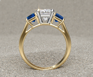 Anillo de Compromiso con Tres Piedras de Diamante Corte Princesa Creado en Laboratorio Stonewels, con Piedras Laterales de Zafiro Azul, Estilo Vintage - Product Image 2
