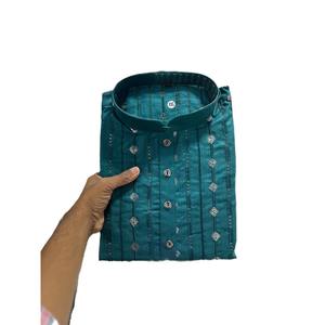 ATRACTIVO ALGODÓN BORDADO ESPEJO TRABAJO HOMBRE KURTA PIJAMA SKY - Product Image 1
