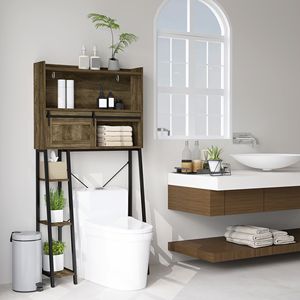 Meuble de rangement marron vieilli à poser au-dessus des toilettes avec 3 compartiments et 4 étagères ouvertes, organisateur de salle de bain - Product Image 2