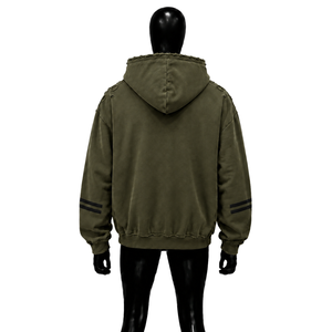 เสื้อฮู้ดดี้โอเวอร์ไซส์ผู้ชายขายส่ง แบรนด์ Olive มีกระเป๋าหน้าและแถบลายที่แขนเสื้อ สวมใส่สบายๆ ในฤดูใบไม้ร่วง แบบสวมหัว ดีไซน์ขาดๆ แบบวินเทจ - Product Image 2