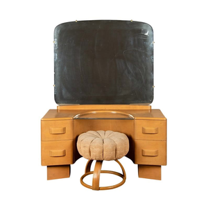 Vintage Art Deco Streamline Moderne Blonde <b>Wood</b> Vanity Set with Large Mirror, Glass Shelf & Tufted Stool - Product Image 1