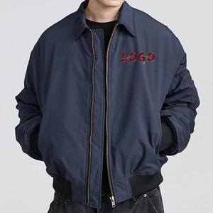 Men's Navy Blue Bomber Jacket Zipper Closure <b>Turn</b>-down Collar Casual Polyester Material Regular Fit Autumn Wear - Product Image 2