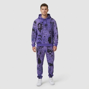<b>Men</b>’s Purple All Over Graphic Print Hooded Jogger Tracksuit <b>Set</b> Custom Streetwear Fashion - Product Image 1