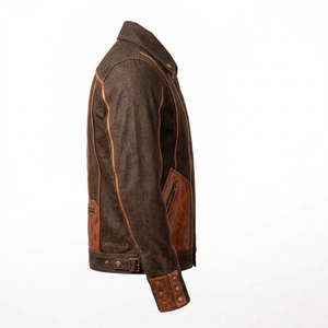 Blouson Biker Homme en Jean Brun Vintage Personnalisé avec Patchs en Cuir, Fermeture Éclair Asymétrique, Panneaux Matelassés, Style Western Moto, Vêtement d'extérieur OEM ODM - Product Image 3