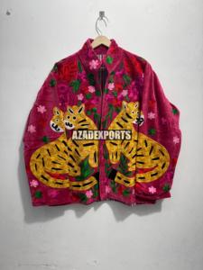 Hand Embroidered Corduroy Trucker <b>Jacket</b> with Tiger Pattern and Floral Design for <b>Women</b> Autumn Wear - Product Image 2