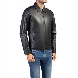 Veste de moto pour homme en cuir de vache véritable, écologique, coupe-vent, col rabattable, fermeture éclair, coupe classique, noir uni, style automne - Product Image 3