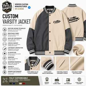 Veste universitaire personnalisée pour homme, beige et gris, avec lettres brodées sur le devant, col rabattable, coupe décontractée, coupe régulière, coupe-vent, respirante - Product Image 3