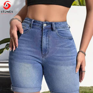 Regular Fit High Quality Breathable <b>Women</b> Denim Shorts <b>Turn</b>-<b>up</b> Hems Dark Blue 100% Cotton Wholesale Supply - Product Image 4