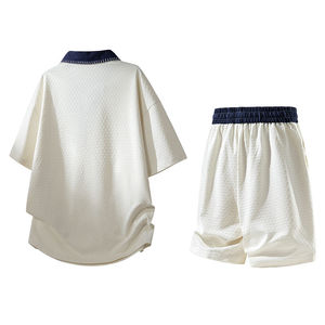 Conjunto de Dos Piezas para Hombre, 100% Algodón, Diseño Color Block, Estilo Casual de Verano, Camisa de Manga Corta con Cuello Solapa y Abertura Media, y Camiseta - Product Image 4