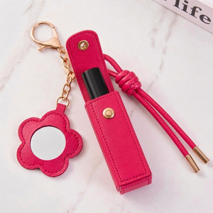 Pochette de rangement rose pour mini-rouge à lèvres avec miroir floral et breloque de sac - Product Image 1