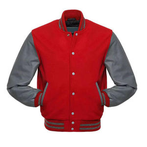Chaqueta estilo universitario roja y gris para hombre, mangas estilo cuero, ribete acanalado a rayas, botones a presión, ropa urbana de moda. - Product Image 2