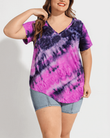 Kaos Wanita Ukuran Besar 100% Katun, Motif Tie-Dye, V-Neck, Oversize, Logo Custom, Drop Shoulder, 180 GSM, Cocok untuk Musim Panas, Laris Manis