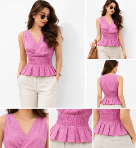 Proveedor OEM al por mayor: Blusa sin mangas elegante rosa con cuello en V de algodón y lino tejido para mujer, con cintura fruncida y dobladillo con volantes, estilo casual. - Product Image 3
