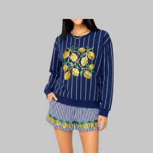 Hot Sale Custom Crewneck Sweatshirts Set Casual Daily Wear <b>Sequin</b> Embroidery Pullover <b>Sequin</b> Lemon Embroidery Cotton Shorts Set - Product Image 1