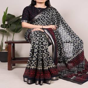 VASTRA COTTAGE Sari de viscosa y algodón Chanderi con estampado Ikkat y borde Zari, blusa sin coser, ropa étnica tradicional para mujer - Product Image 1